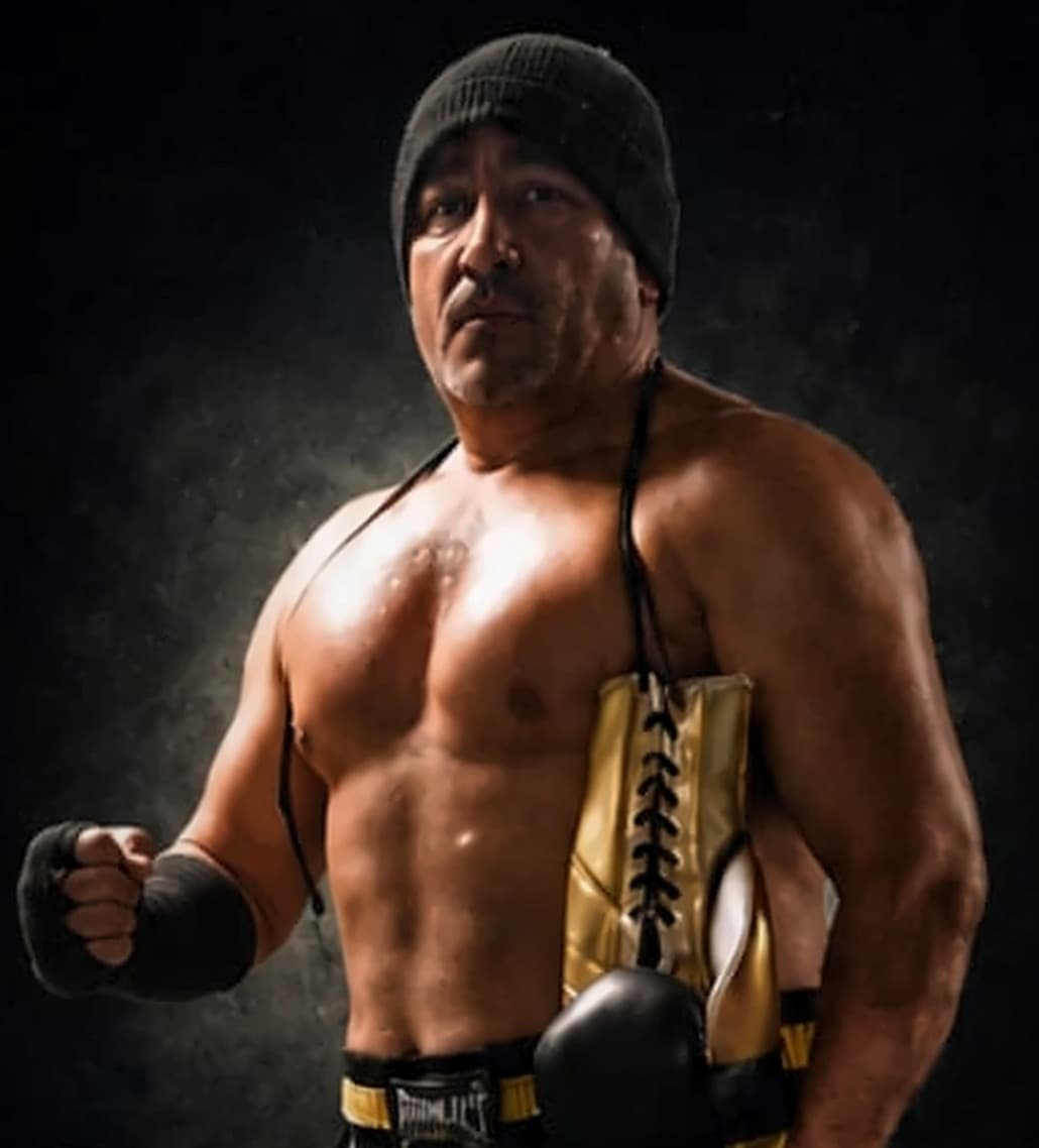 Fernando González Cruz con las manos vendadas, el puño cerrado y los guantes de boxeo colgados al hombro